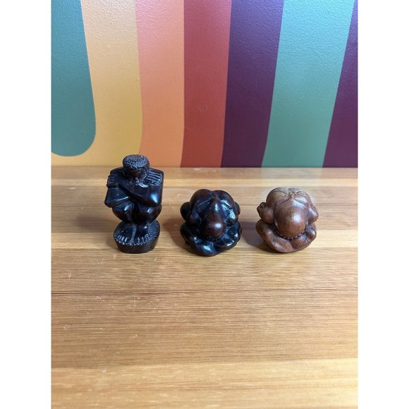Weaping man Buddha vintage wooden hand carved - set of 3 - Picture 1 of 10
